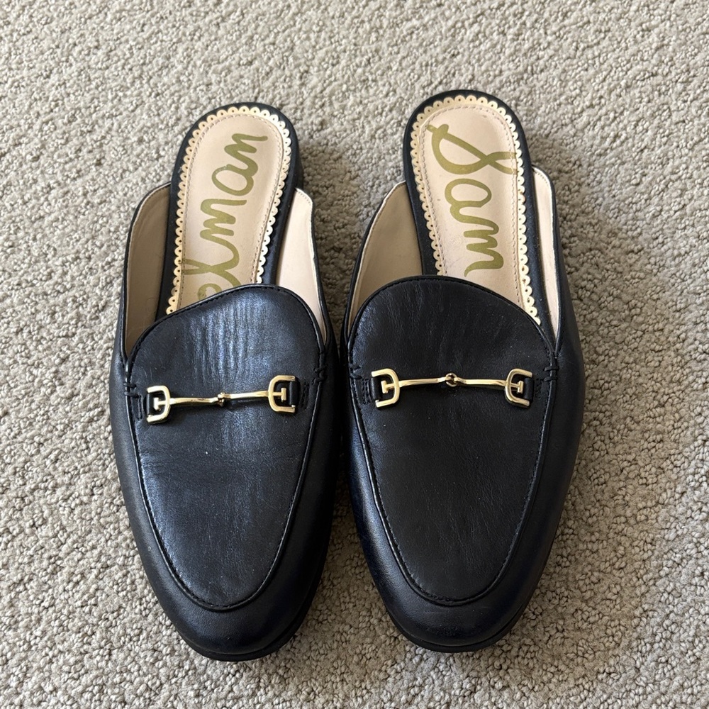 Sam Edelman Black Leather Mules with Gold Accent